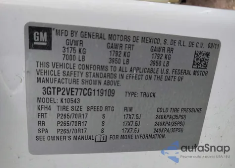 2012 GMC Sierra 1500 Sle z USA, uszkodzony, nr VIN 3GTP2VE77CG119109